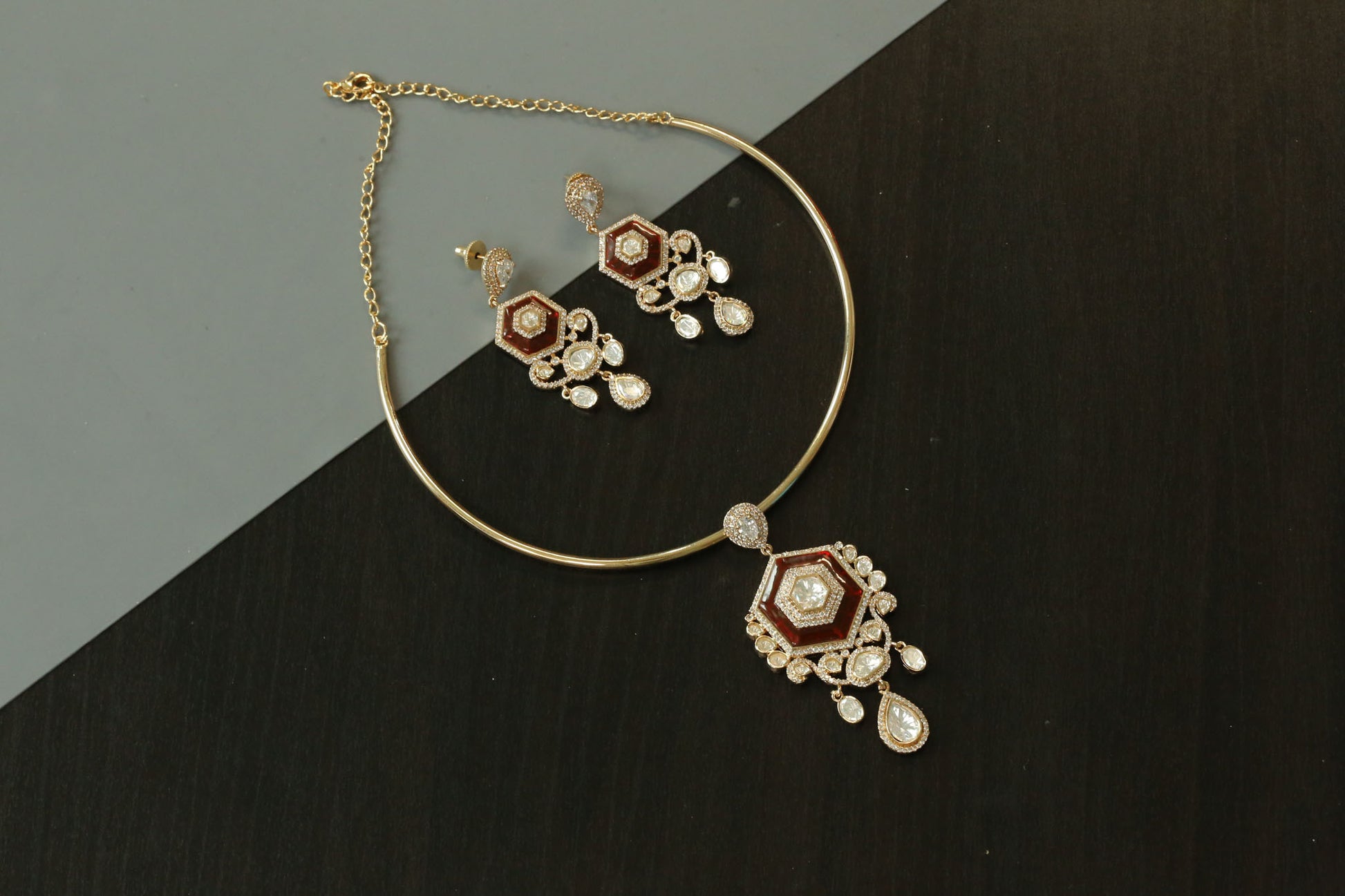Dainty Red Pota Stone & Kundan Hasli Set