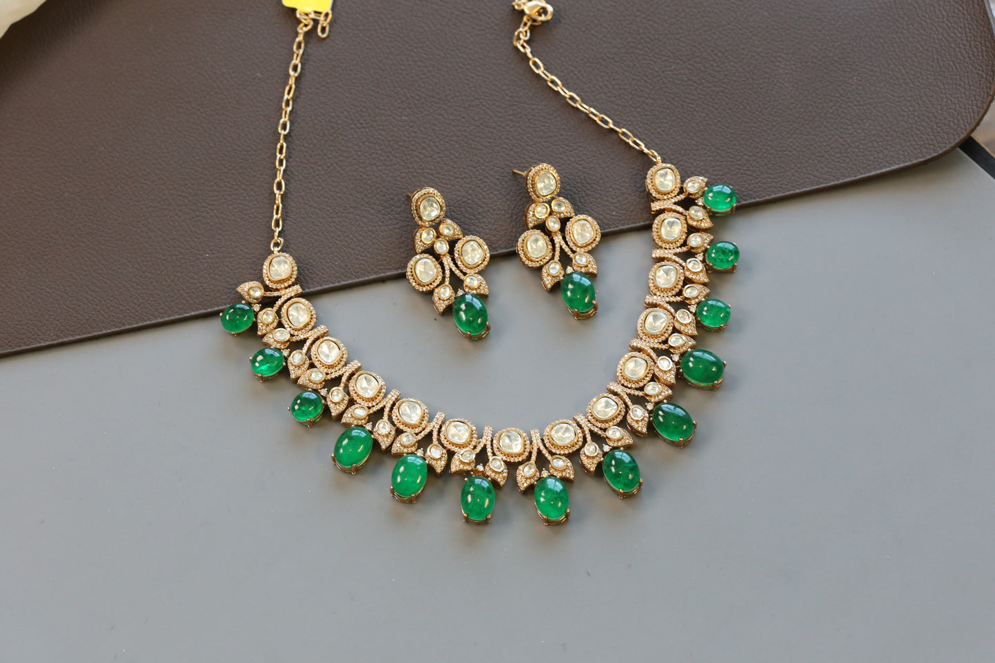 Emerald Pota Doublet Moissanite Polki Set