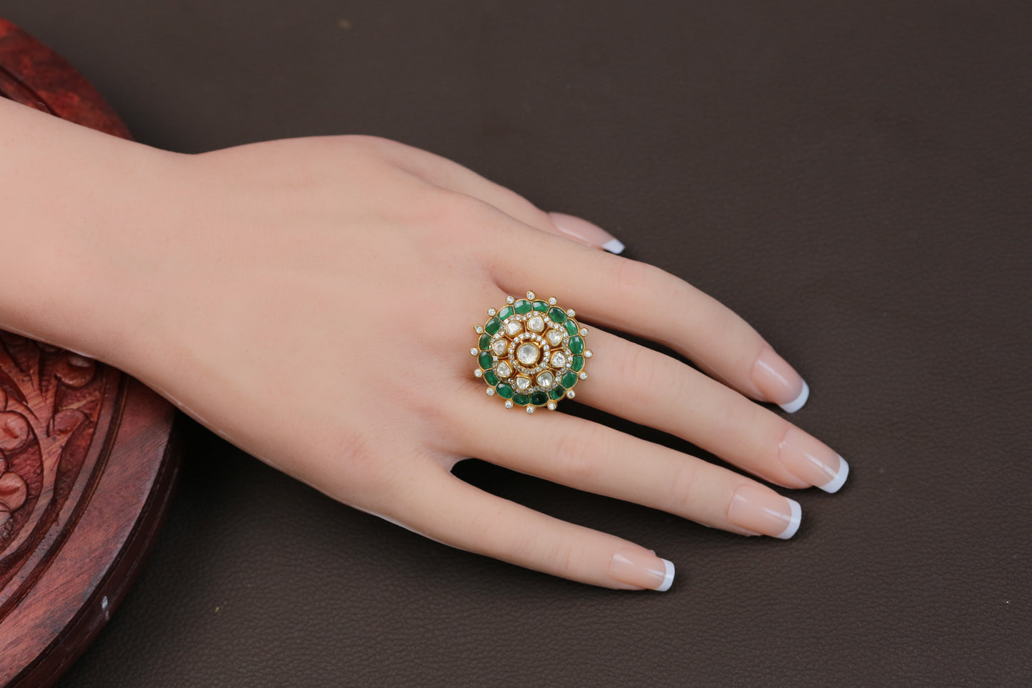 Fine CZ, Moissanites & Kundan Polki Ring - Green