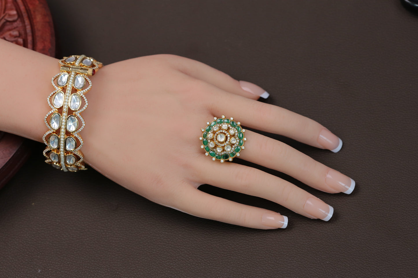 Fine CZ, Moissanites & Kundan Polki Ring - Green
