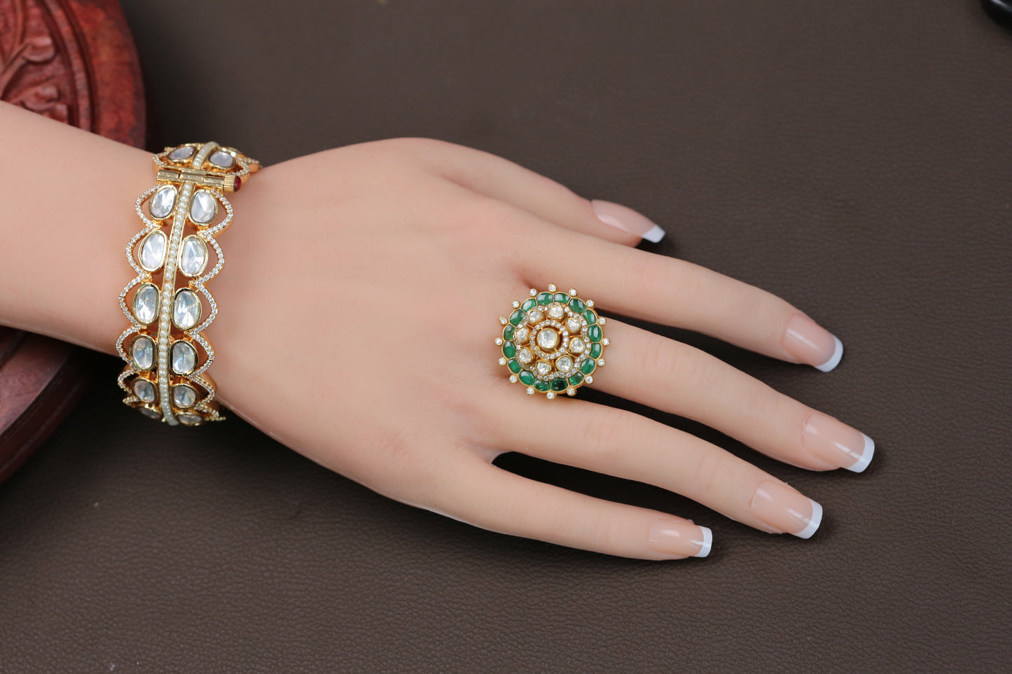 Fine CZ, Moissanites & Kundan Polki Ring - Green