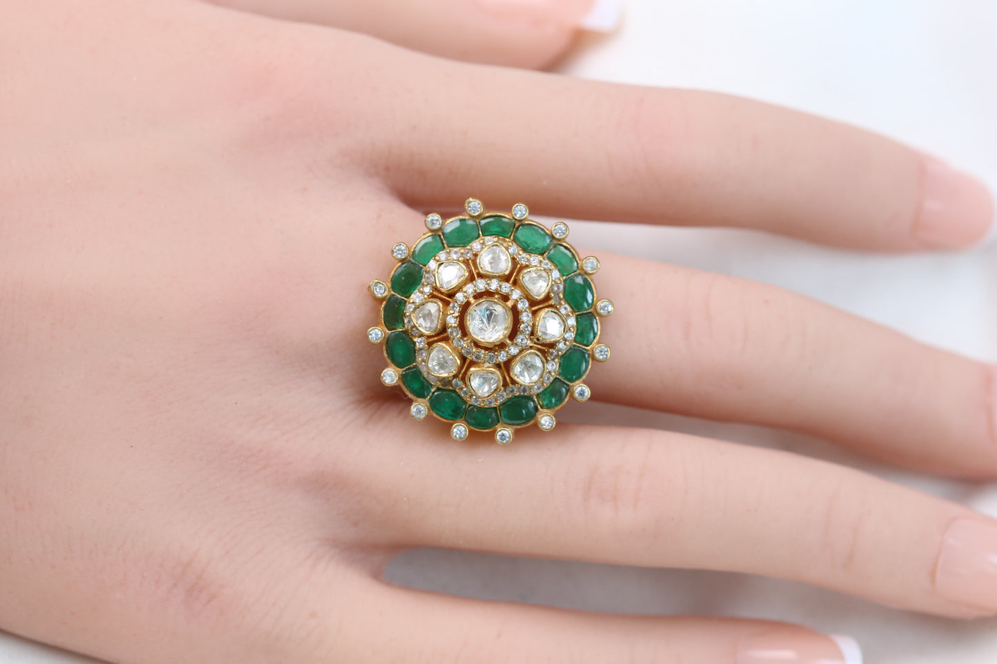 Fine CZ, Moissanites & Kundan Polki Ring - Green