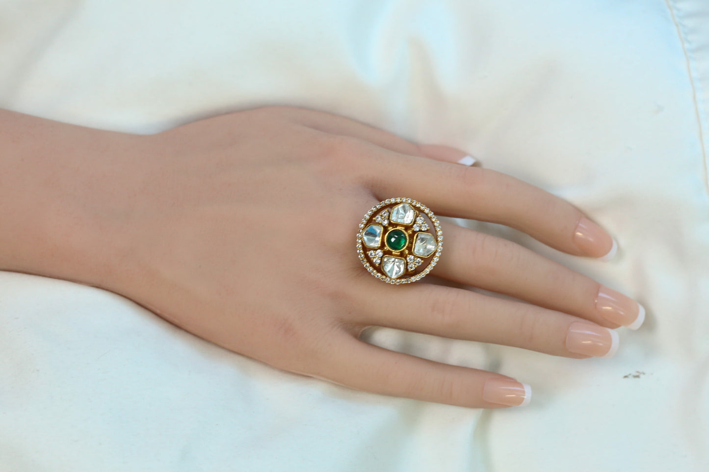 Kundan Polki Round Ring - Green