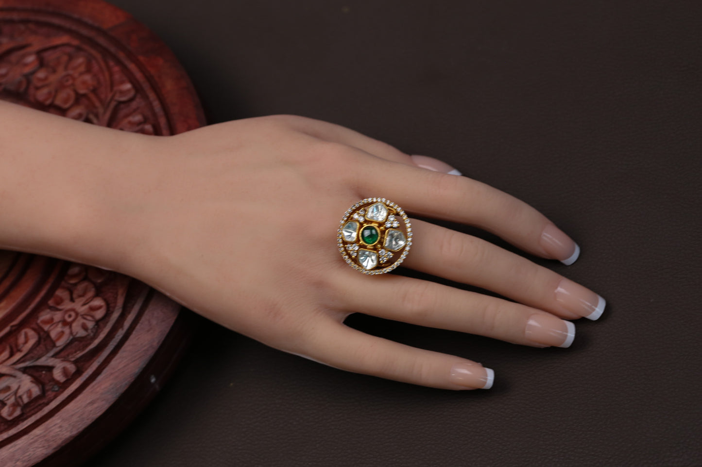 Kundan Polki Round Ring - Green