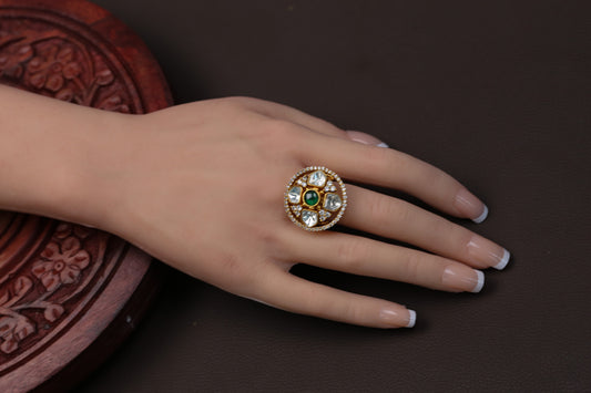 Kundan Polki Round Ring - Green