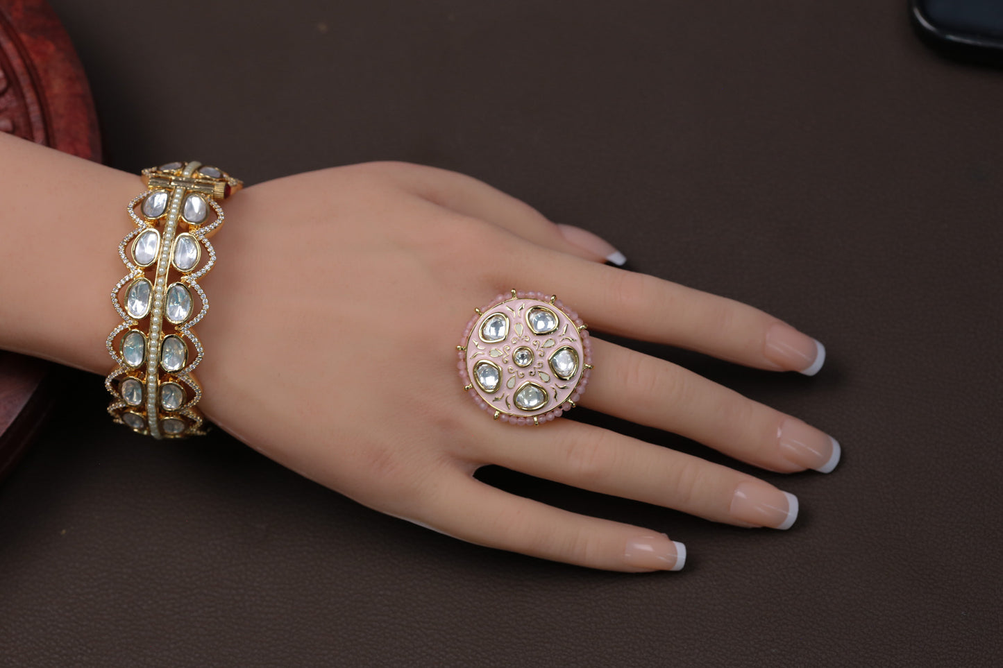 Kundan Meenakari Ring ( Adjustable) - Pink