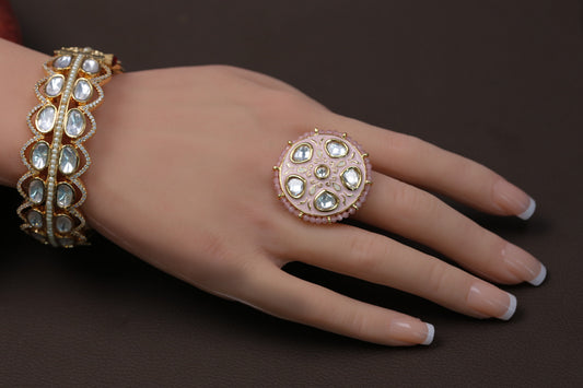 Kundan Meenakari Ring ( Adjustable) - Pink