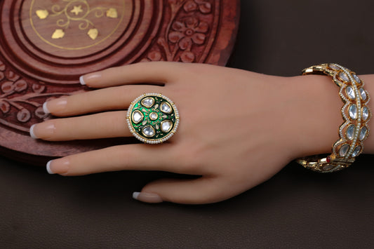 Kundan Meenakari Ring ( Adjustable) - Green