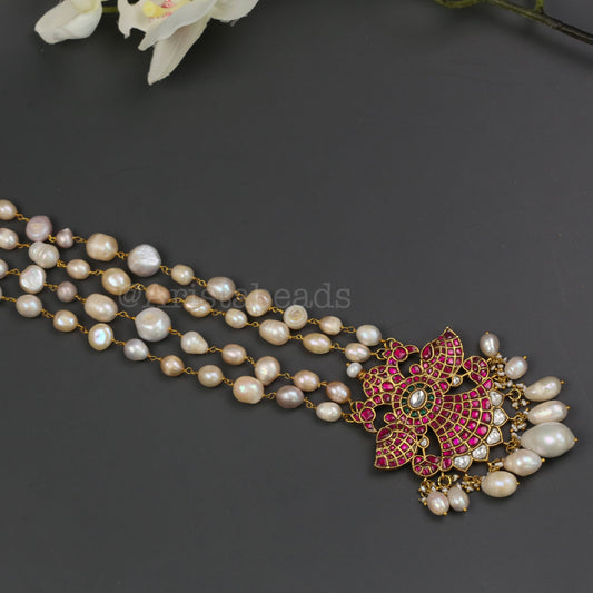 Real Fresh Water Pearls Jadau Necklace -Ruby Clear (V102-14)