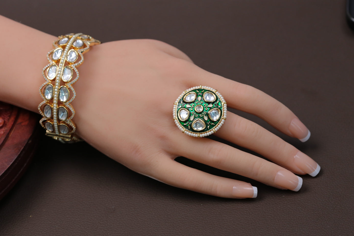 Kundan Meenakari Ring ( Adjustable) - Green