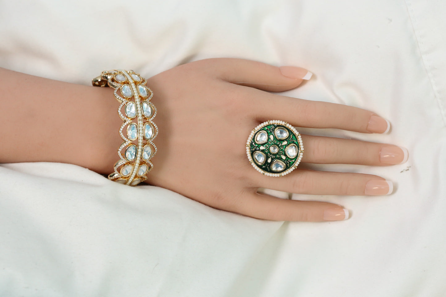 Kundan Meenakari Ring ( Adjustable) - Green