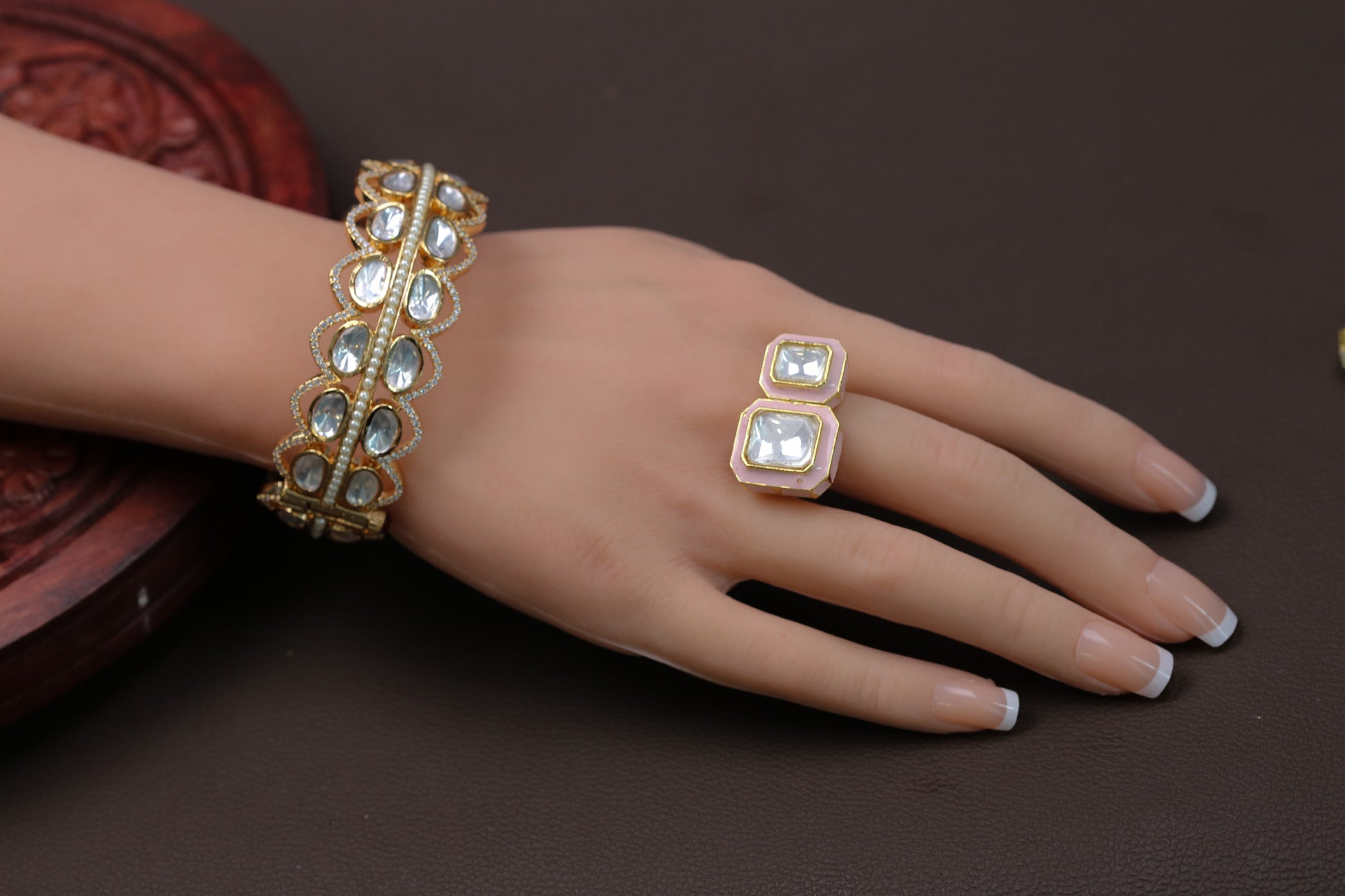 Kundan Enamel Rings ( Adjustable) - Pink