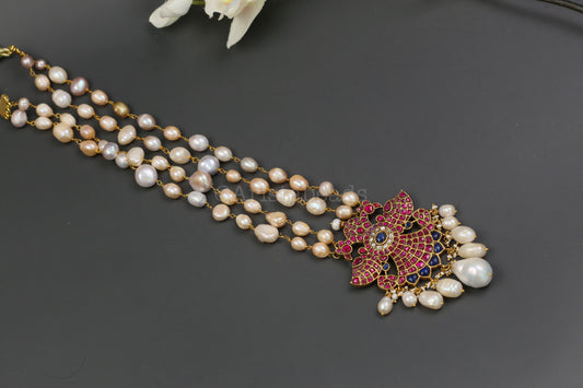 Real Fresh Water Pearls Jadau Necklace -Ruby Blue (V102-15)