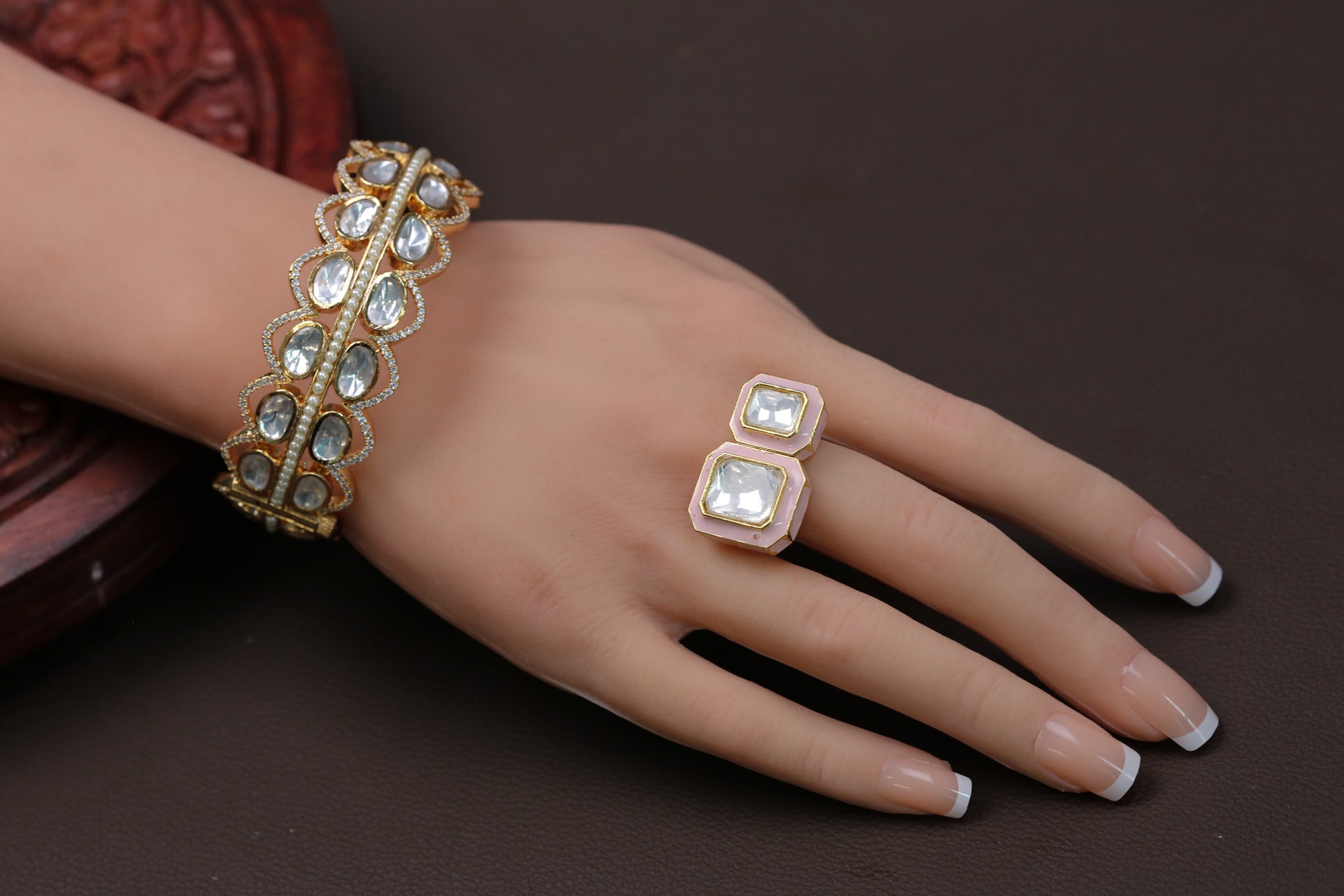 Kundan Enamel Rings ( Adjustable) - Pink