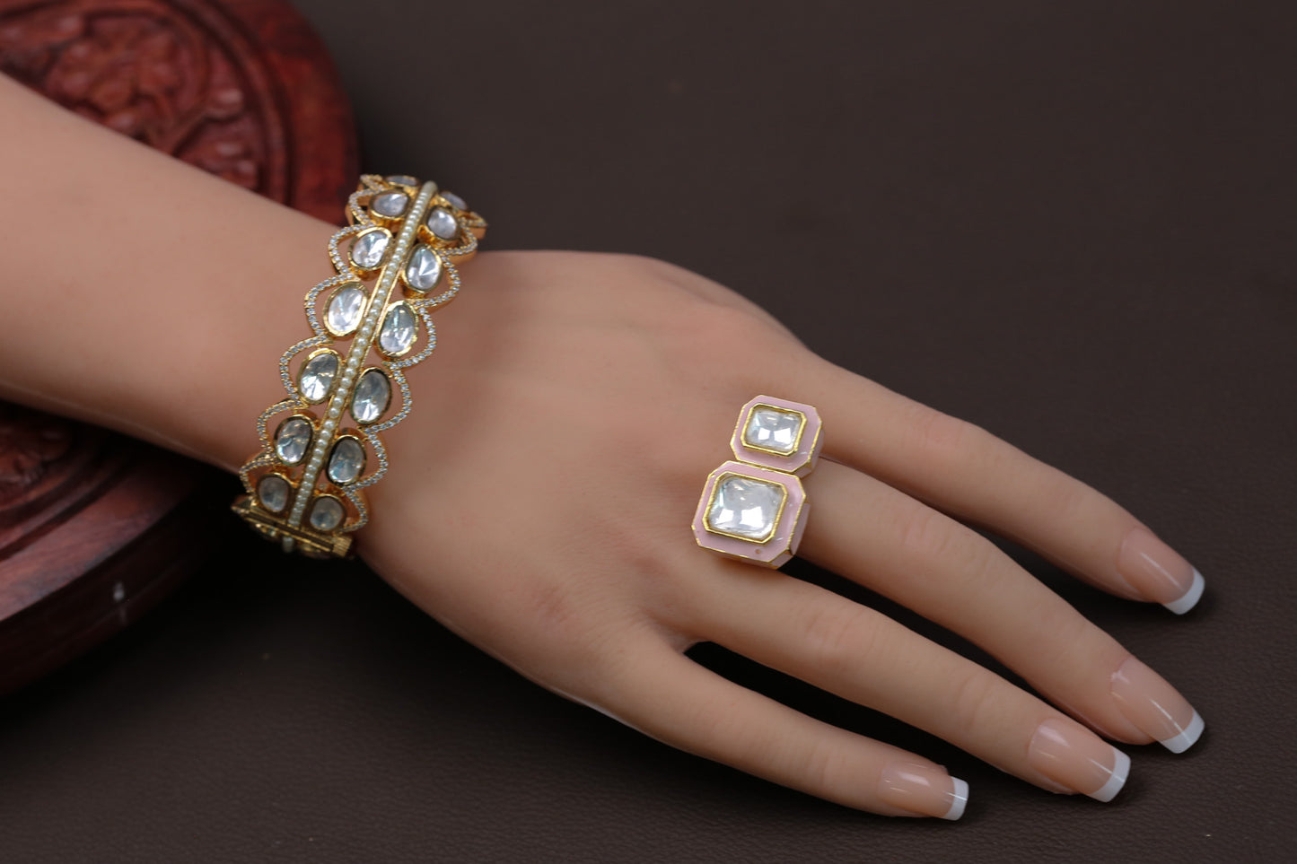 Kundan Enamel Rings ( Adjustable) - Pink