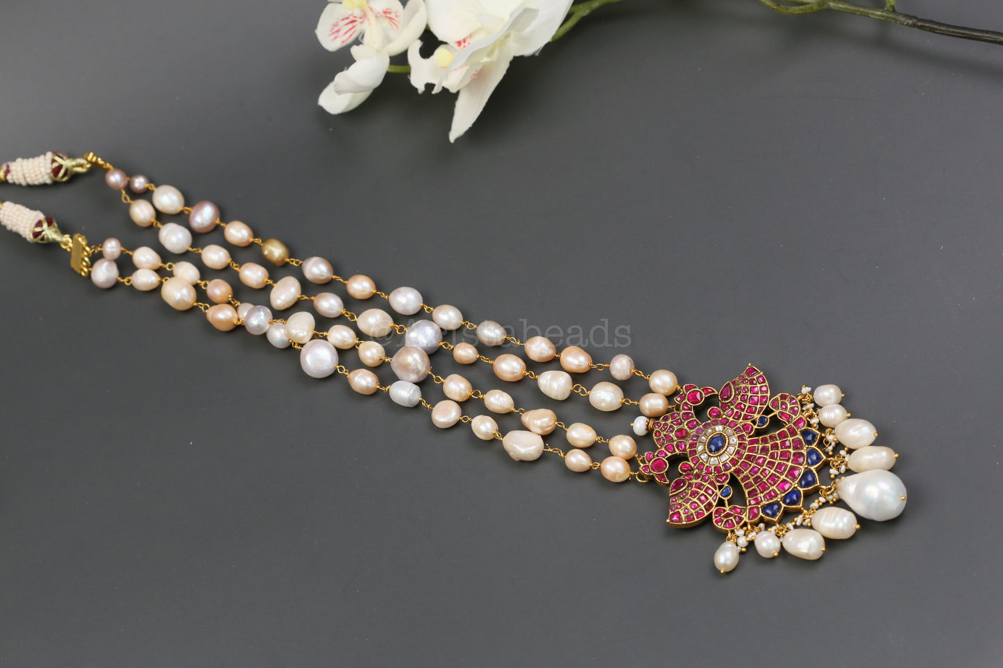 Real Fresh Water Pearls Jadau Necklace -Ruby Blue (V102-15)