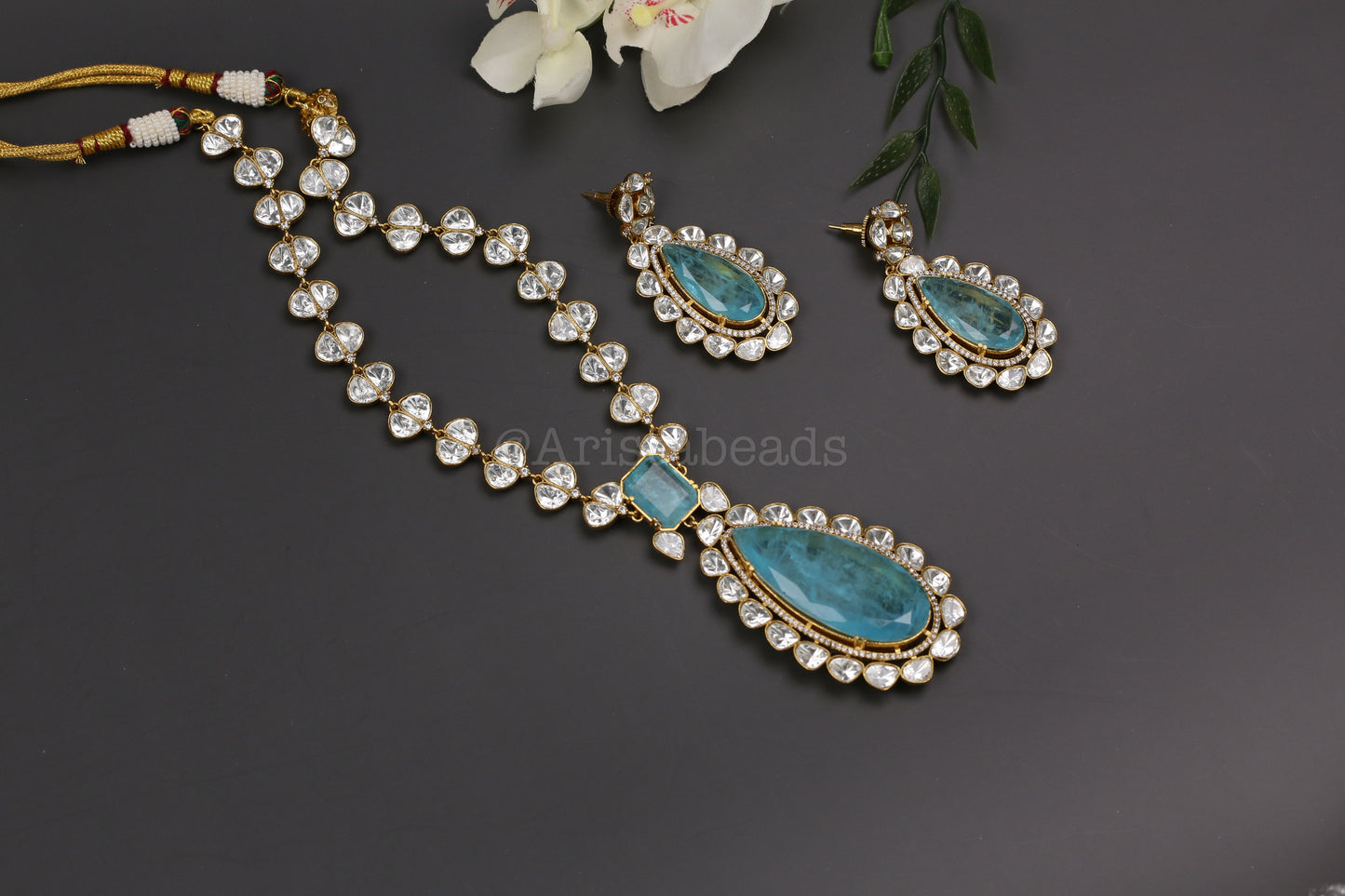 Premium Uncut Polki & Doblet Necklace Set - Aqua Blue