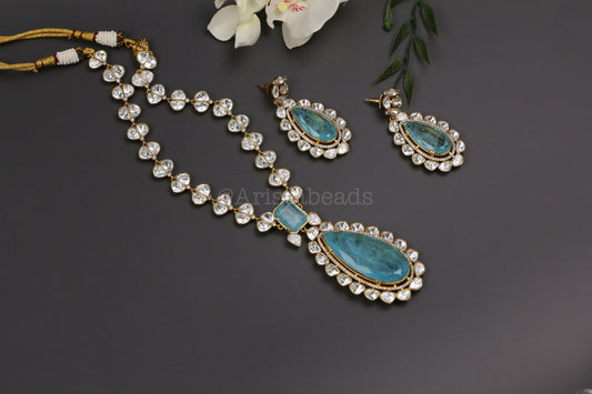 Premium Uncut Polki & Doblet Necklace Set - Aqua Blue