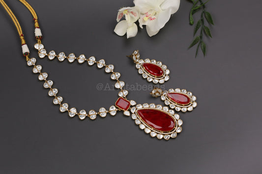 Premium Uncut Polki & Doblet Necklace Set -Red