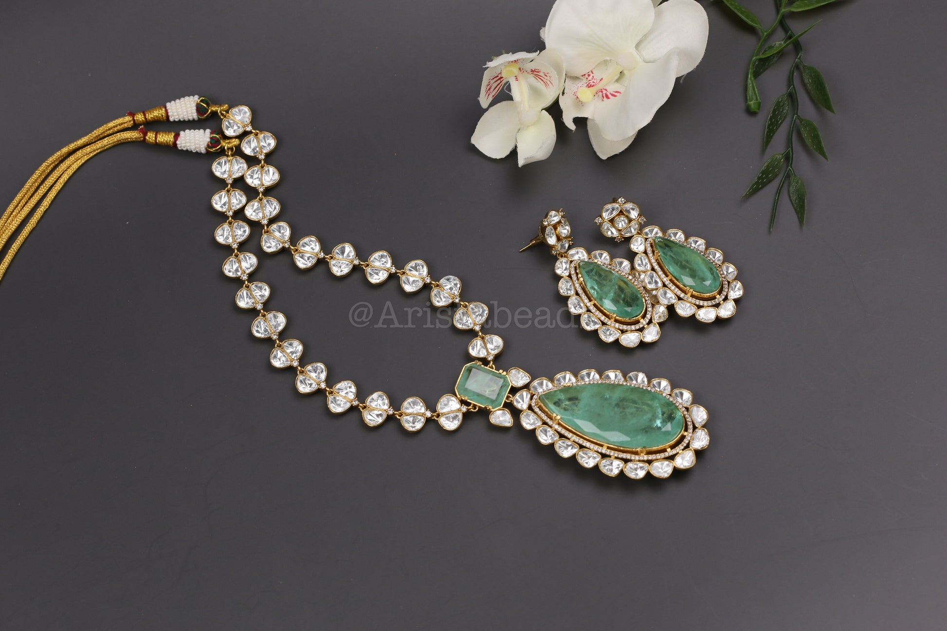 Premium Uncut Polki & Doblet Necklace Set - Mint