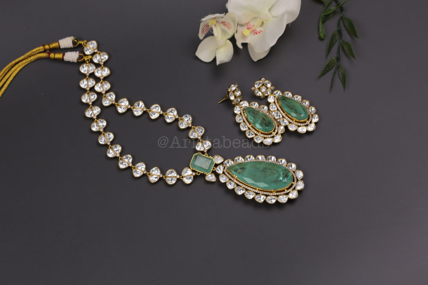 Premium Uncut Polki & Doblet Necklace Set - Mint