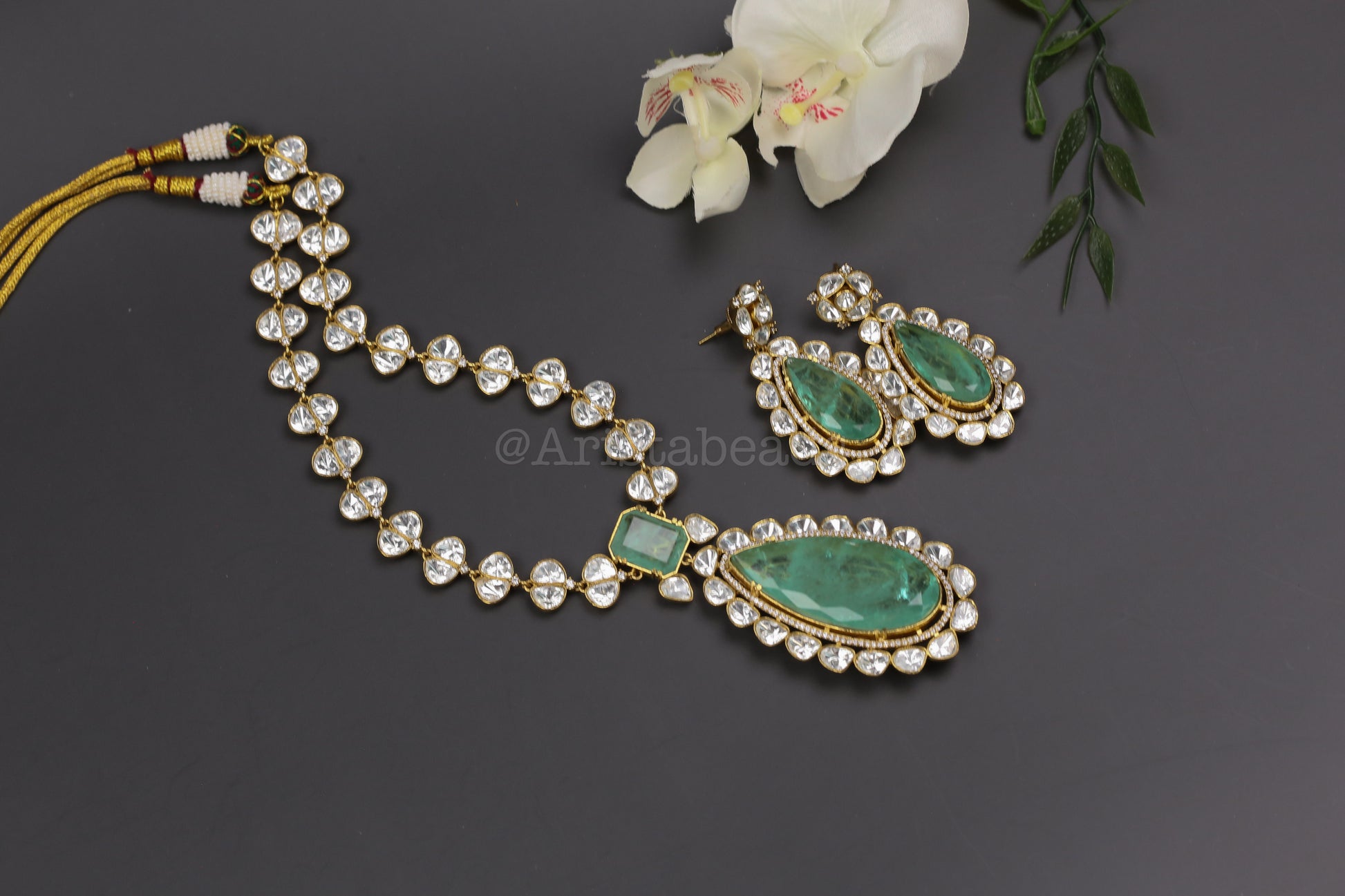 Premium Uncut Polki & Doblet Necklace Set - Mint