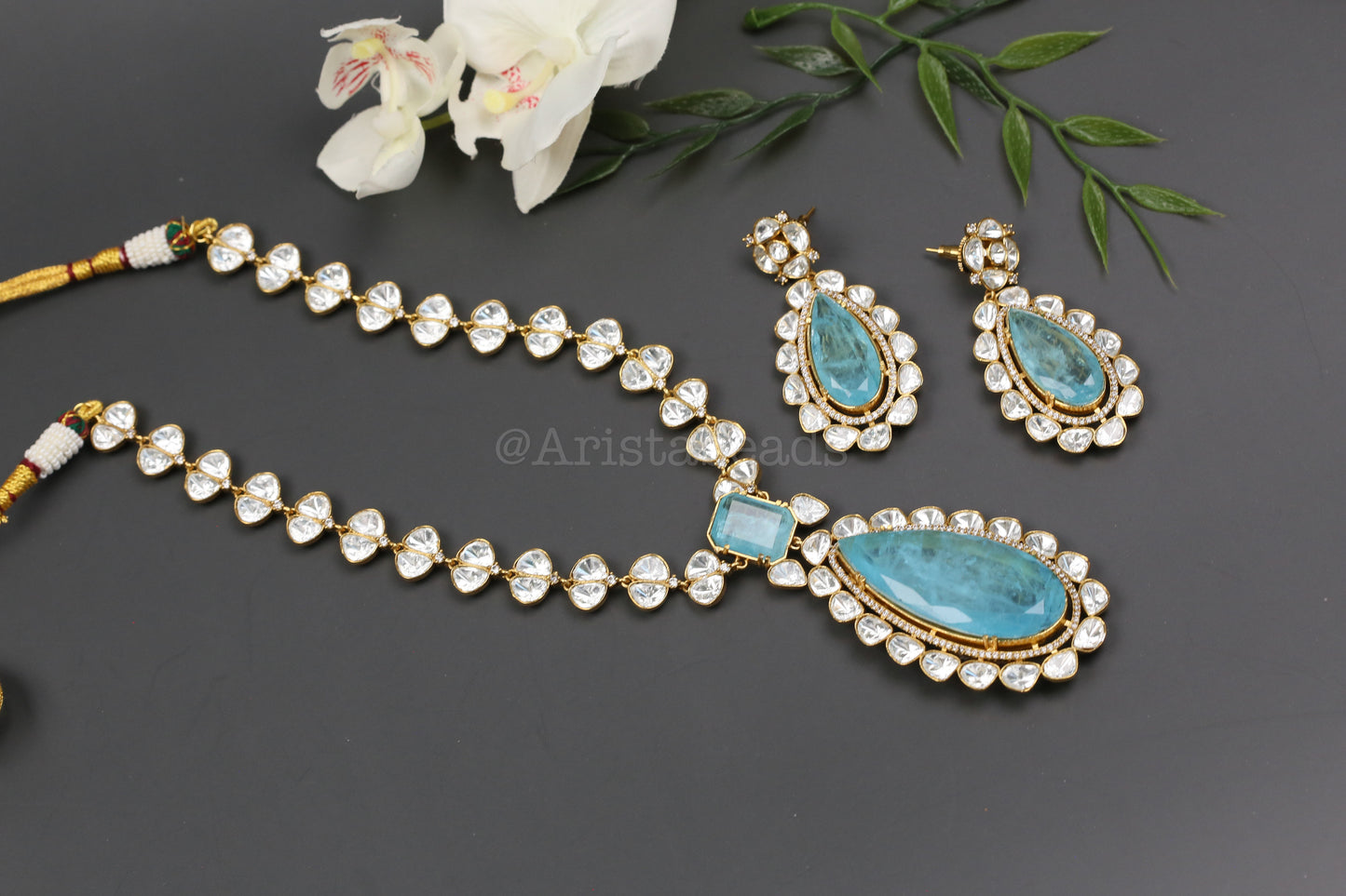 Premium Uncut Polki & Doblet Necklace Set - Aqua Blue