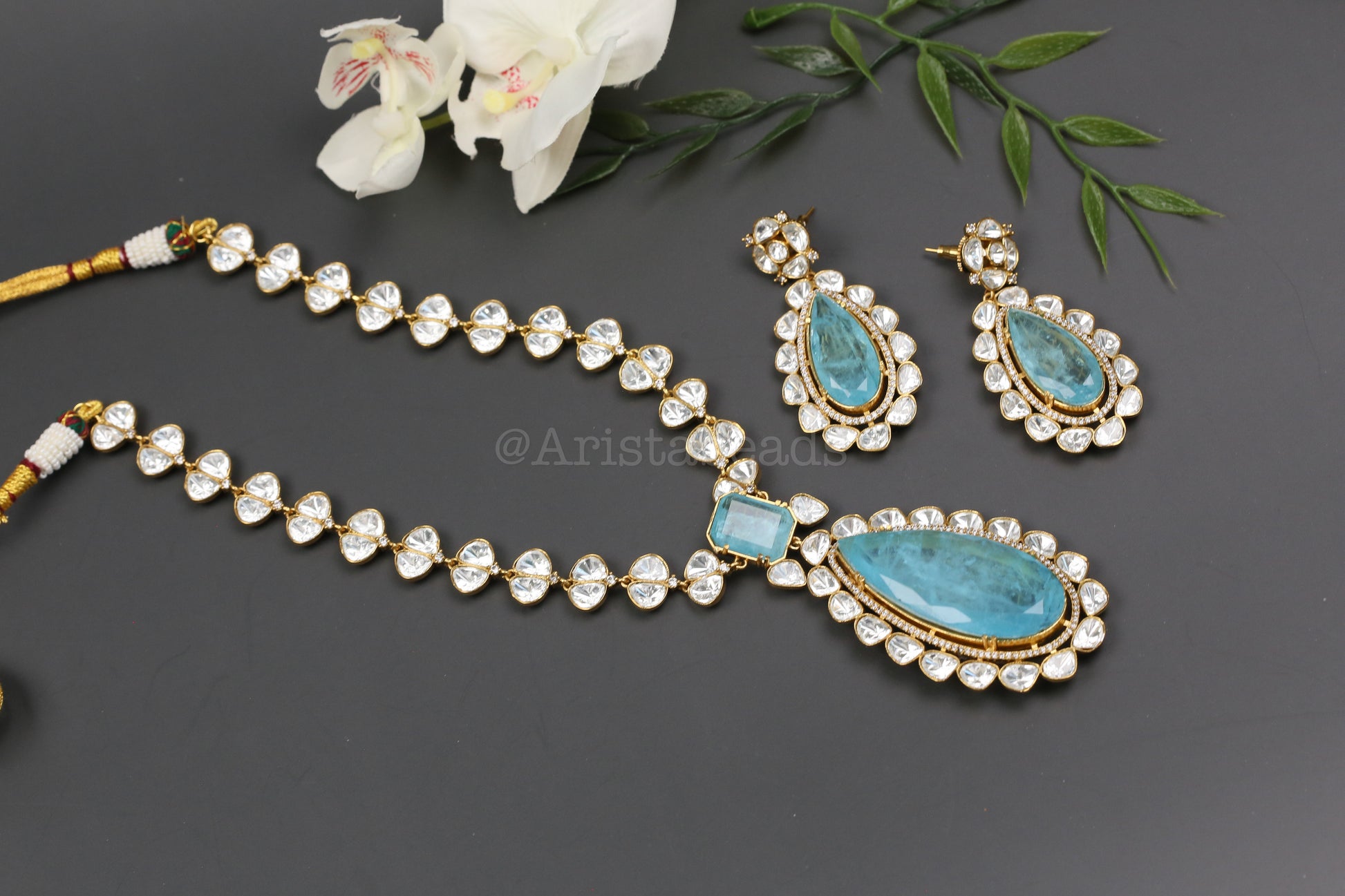 Premium Uncut Polki & Doblet Necklace Set - Aqua Blue