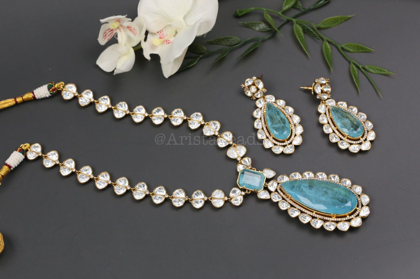 Premium Uncut Polki & Doblet Necklace Set - Aqua Blue