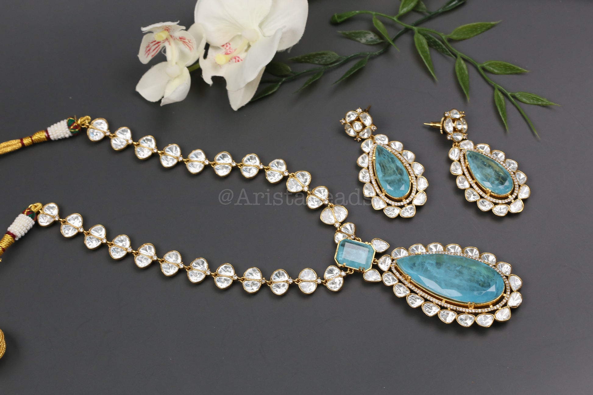 Premium Uncut Polki & Doblet Necklace Set - Aqua Blue