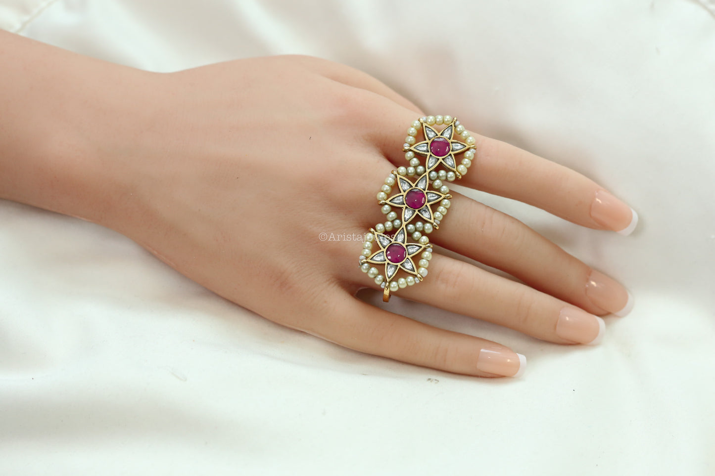 2 Finger Jadau Kundan Ring - Red