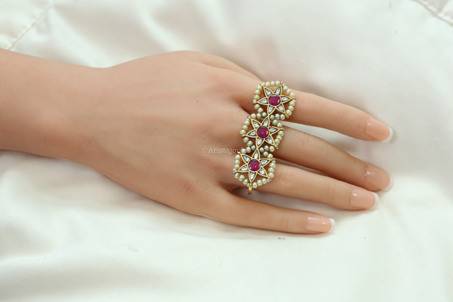 2 Finger Jadau Kundan Ring - Red