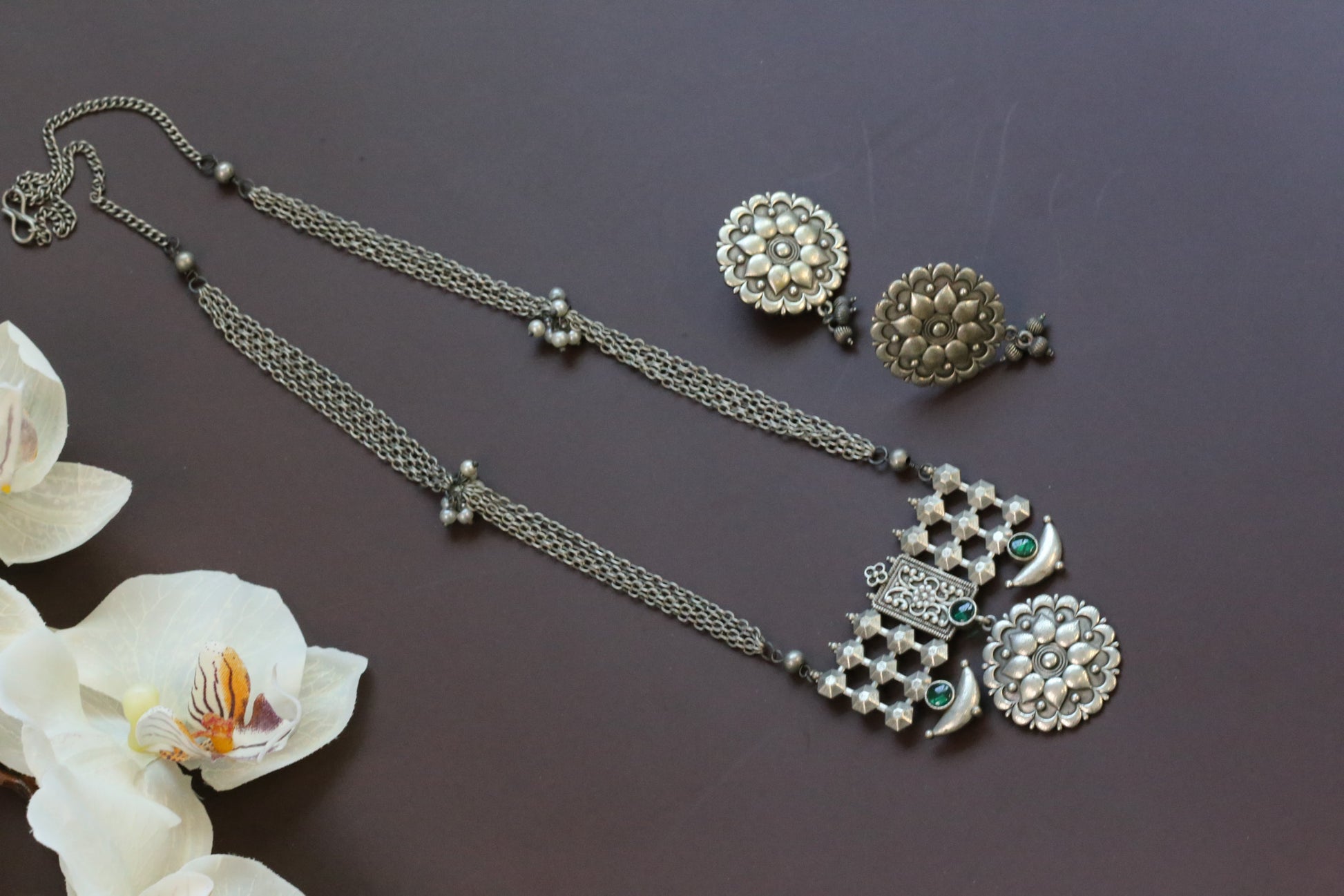 Sana Oxidized Silver Look Necklace Set -Green