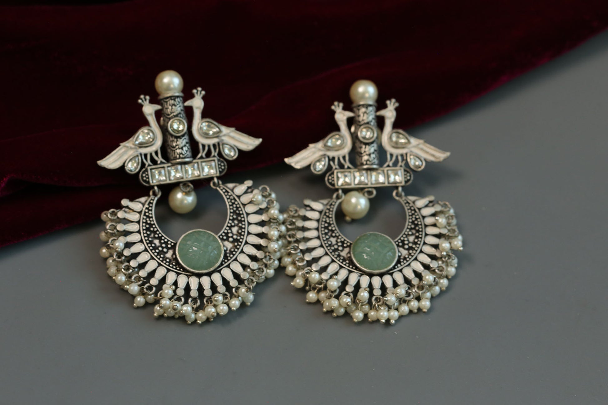 Peacock Kundan Enamel Chandbaali - Silver Finish