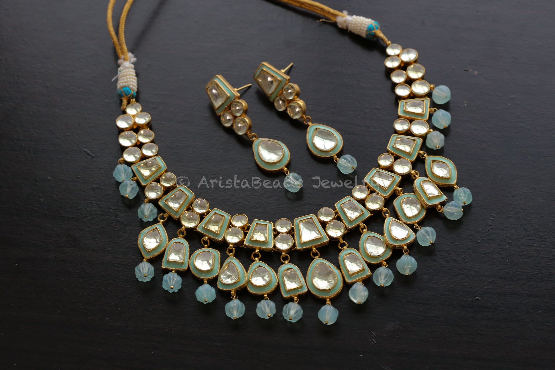 Roohi Meenakari Pachi Kundan Necklace Set - Mint (103-83)