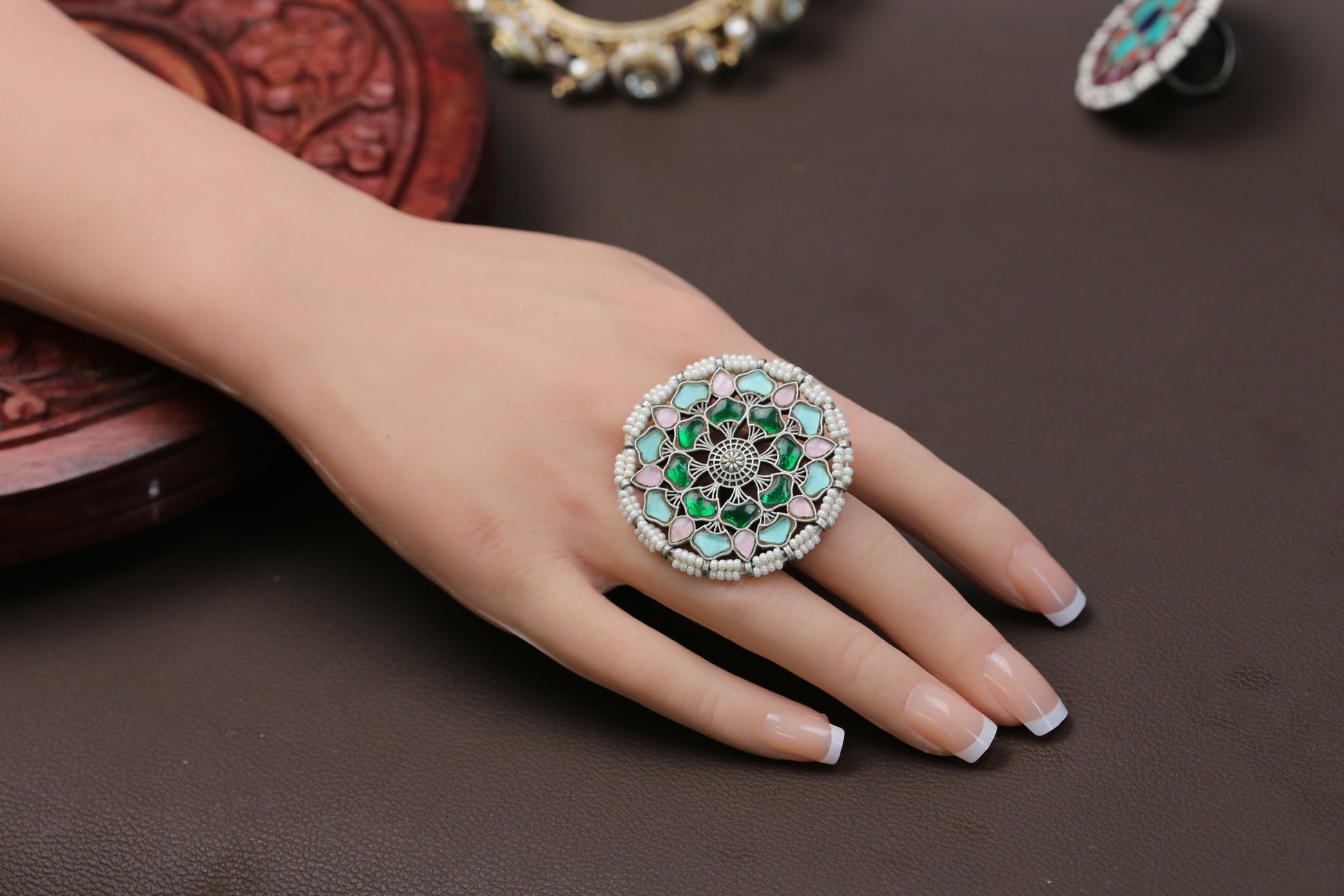 Large Silver Finish Jadau Rings (Adjustable) - Set 1