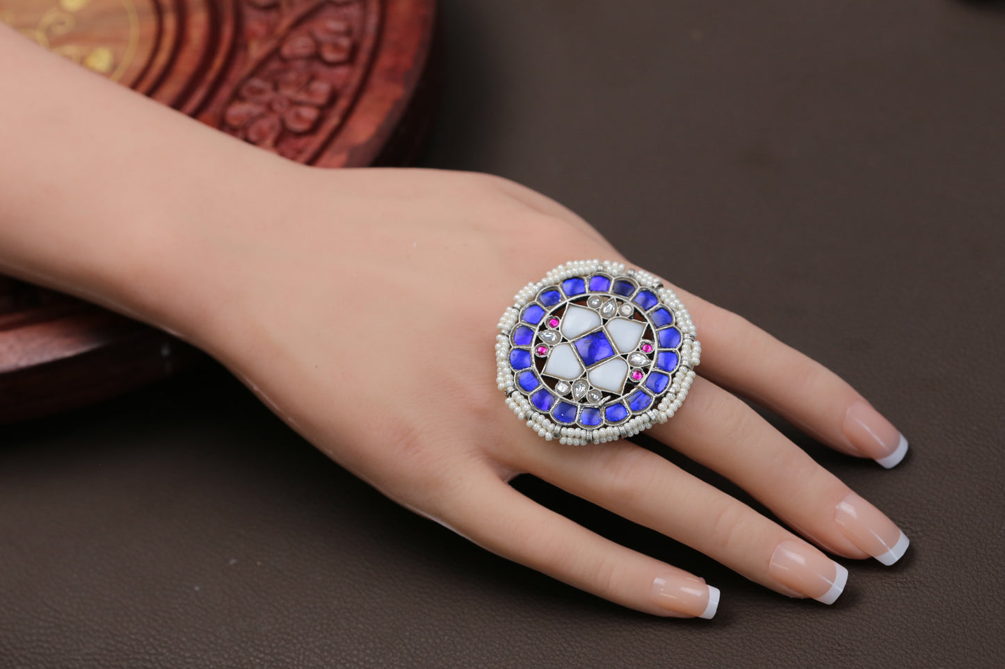Large Silver Finish Jadau Rings (Adjustable) - Set 1