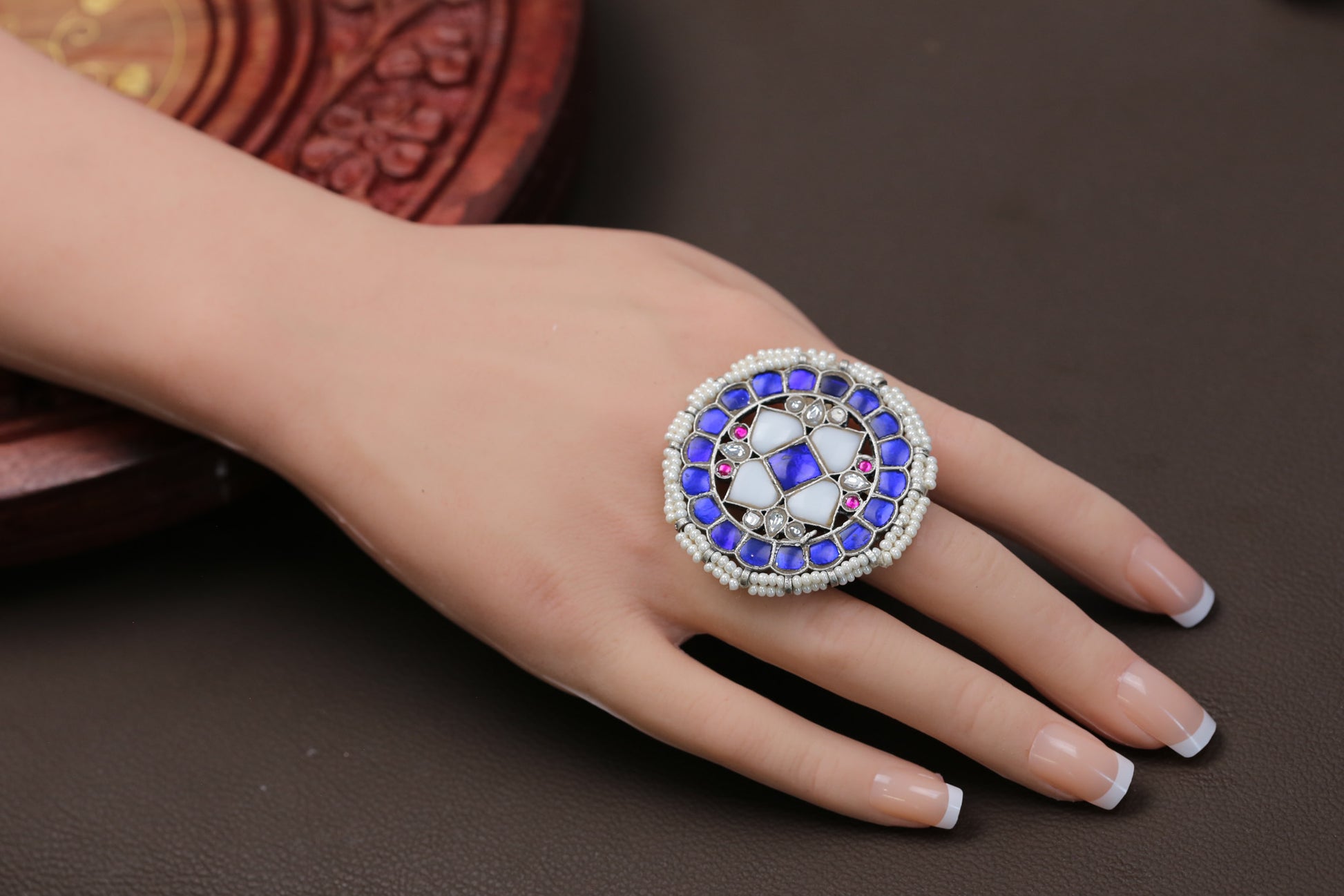 Large Silver Finish Jadau Rings (Adjustable) - Set 1