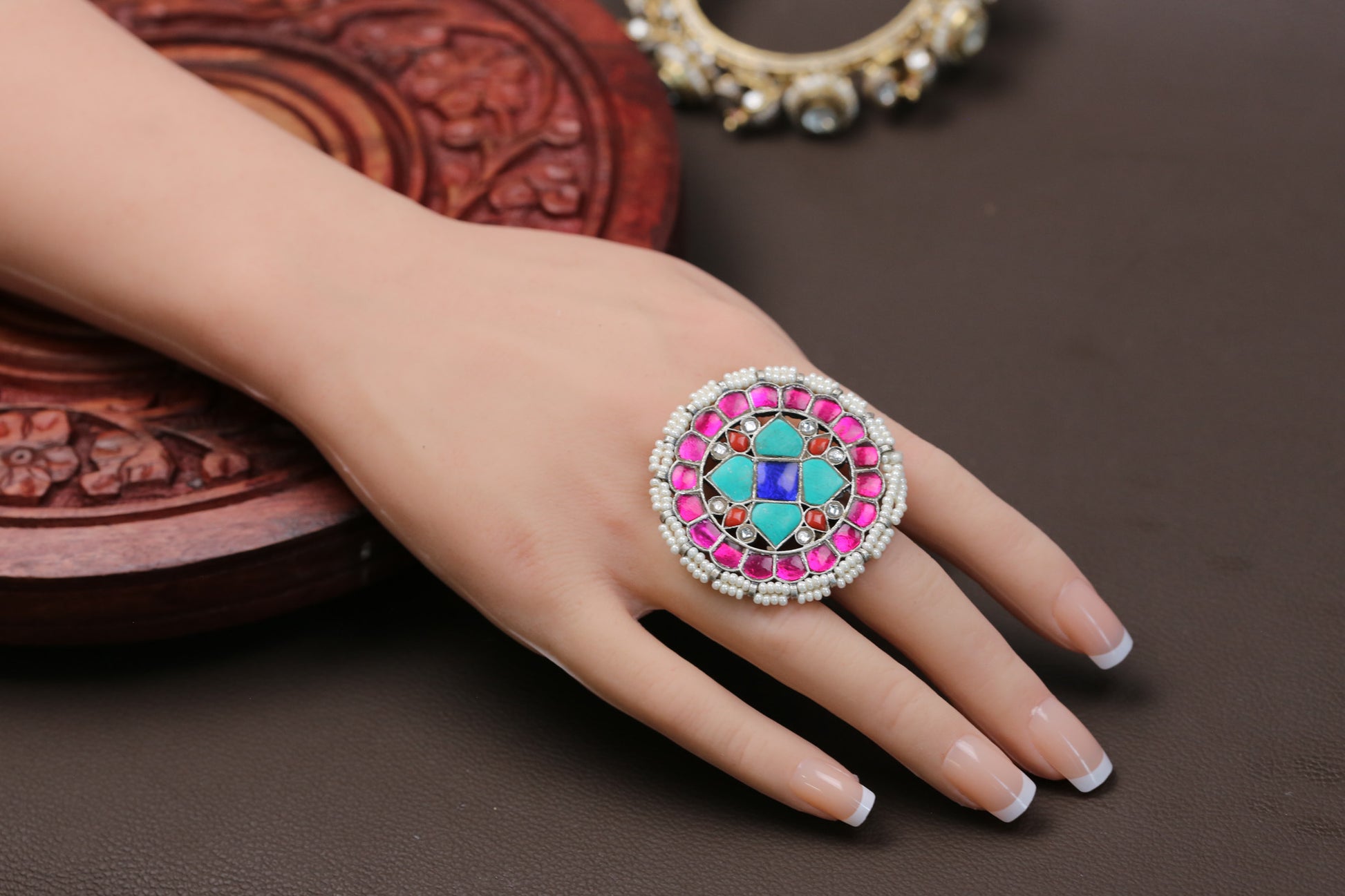 Large Silver Finish Jadau Rings (Adjustable) - Set 1