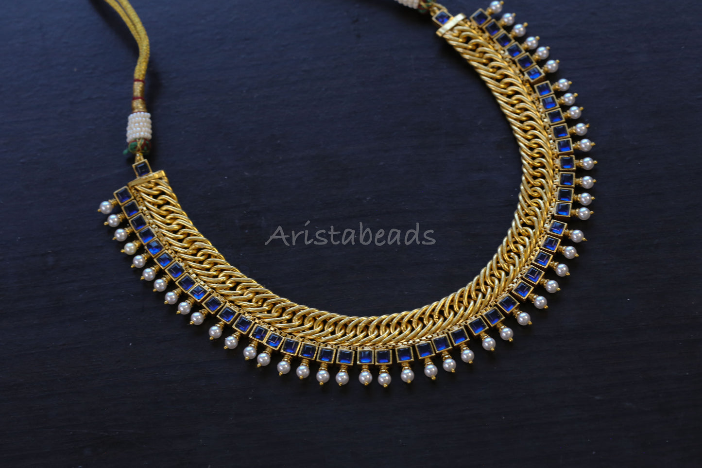 Reversible Shell Pearls Handmade Jalebi Necklace  - Blue  (103-94)