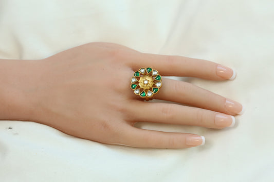 Marigold Jadau Kundan Ring- Green