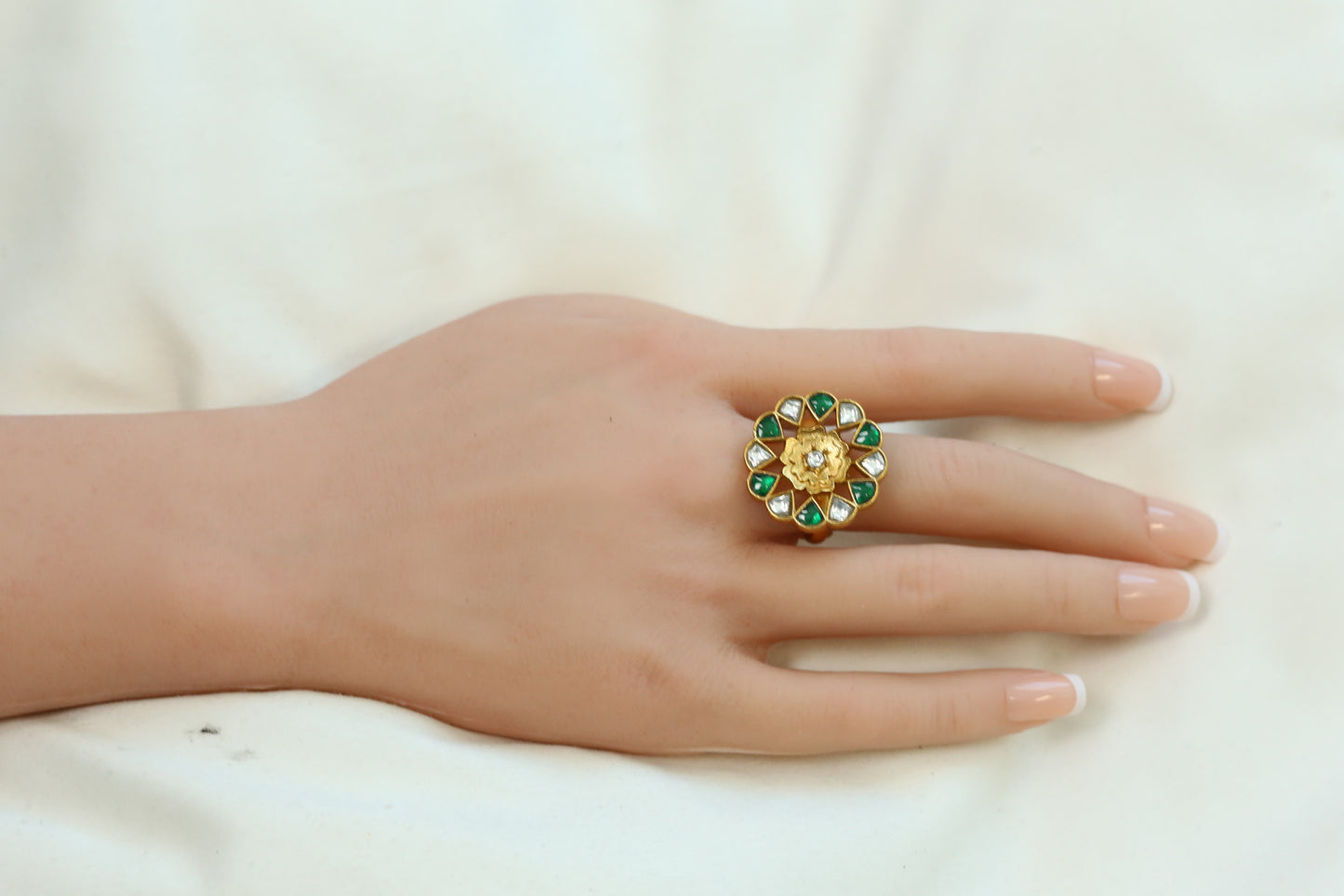 Marigold Jadau Kundan Ring- Green