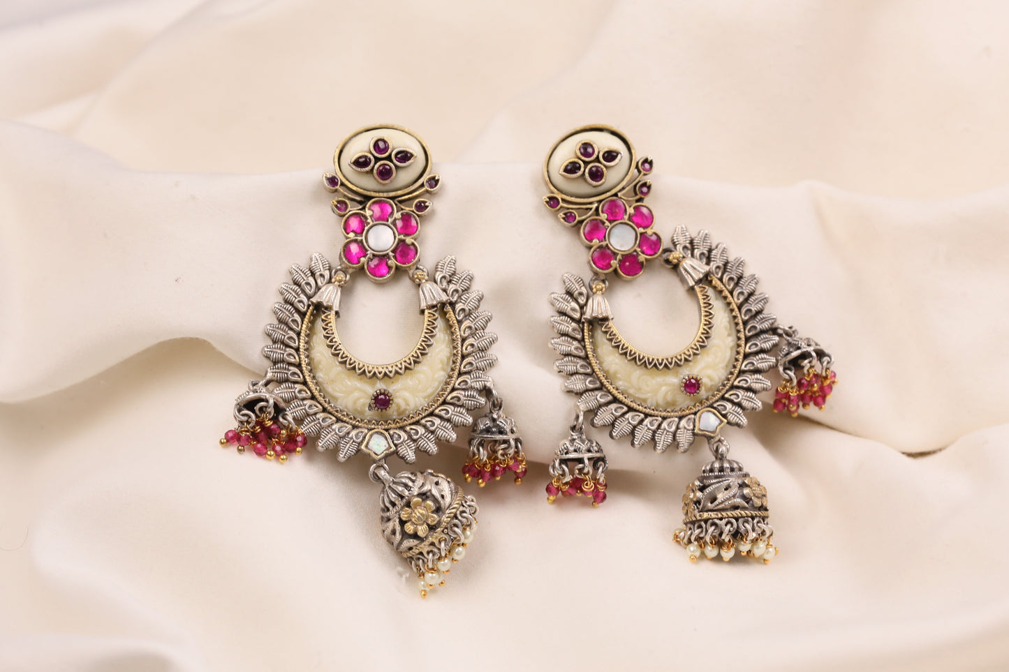 Oxidized Lakshmi Carved Stone Kundan Jhumka - Ivory