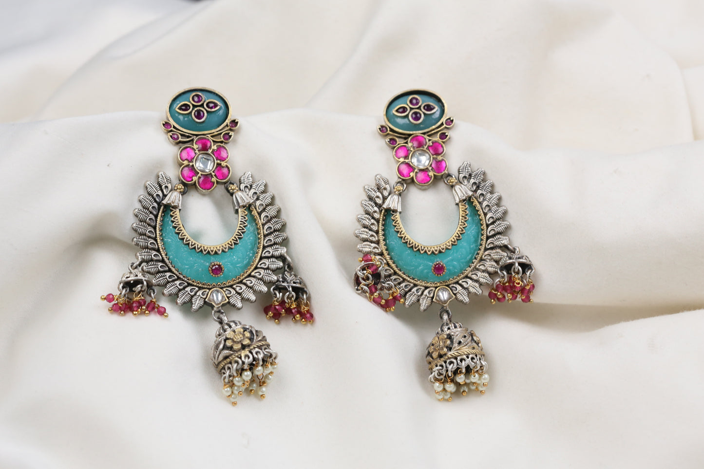 Oxidized Lakshmi Carved Stone Kundan Jhumka - Mint