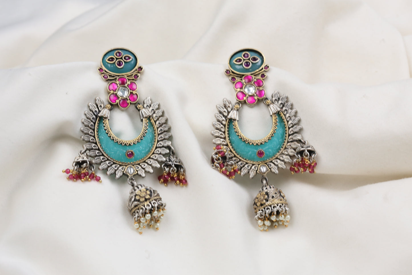 Oxidized Lakshmi Carved Stone Kundan Jhumka - Mint