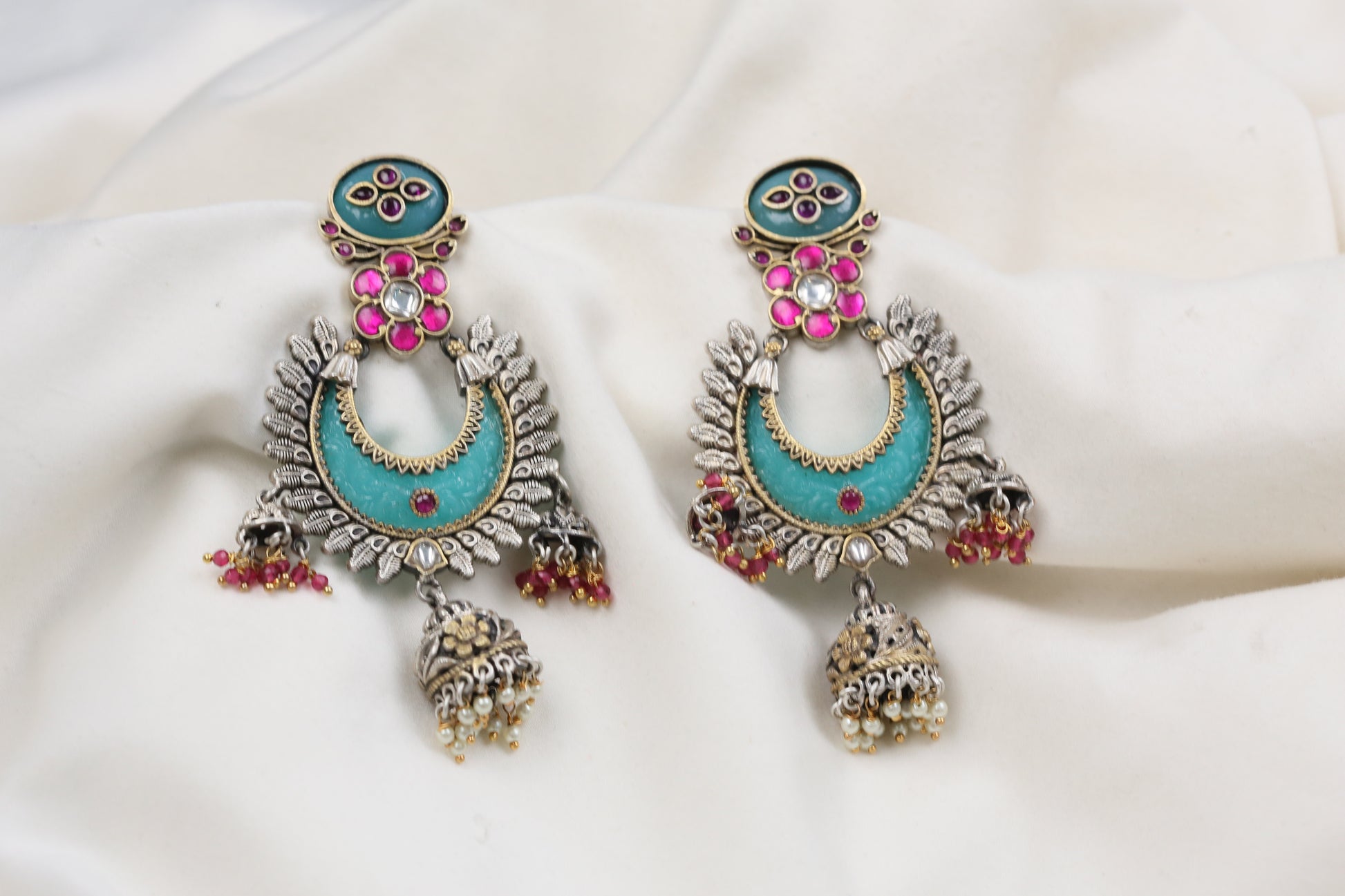 Oxidized Lakshmi Carved Stone Kundan Jhumka - Mint