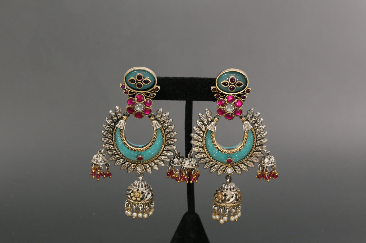 Oxidized Lakshmi Carved Stone Kundan Jhumka - Mint