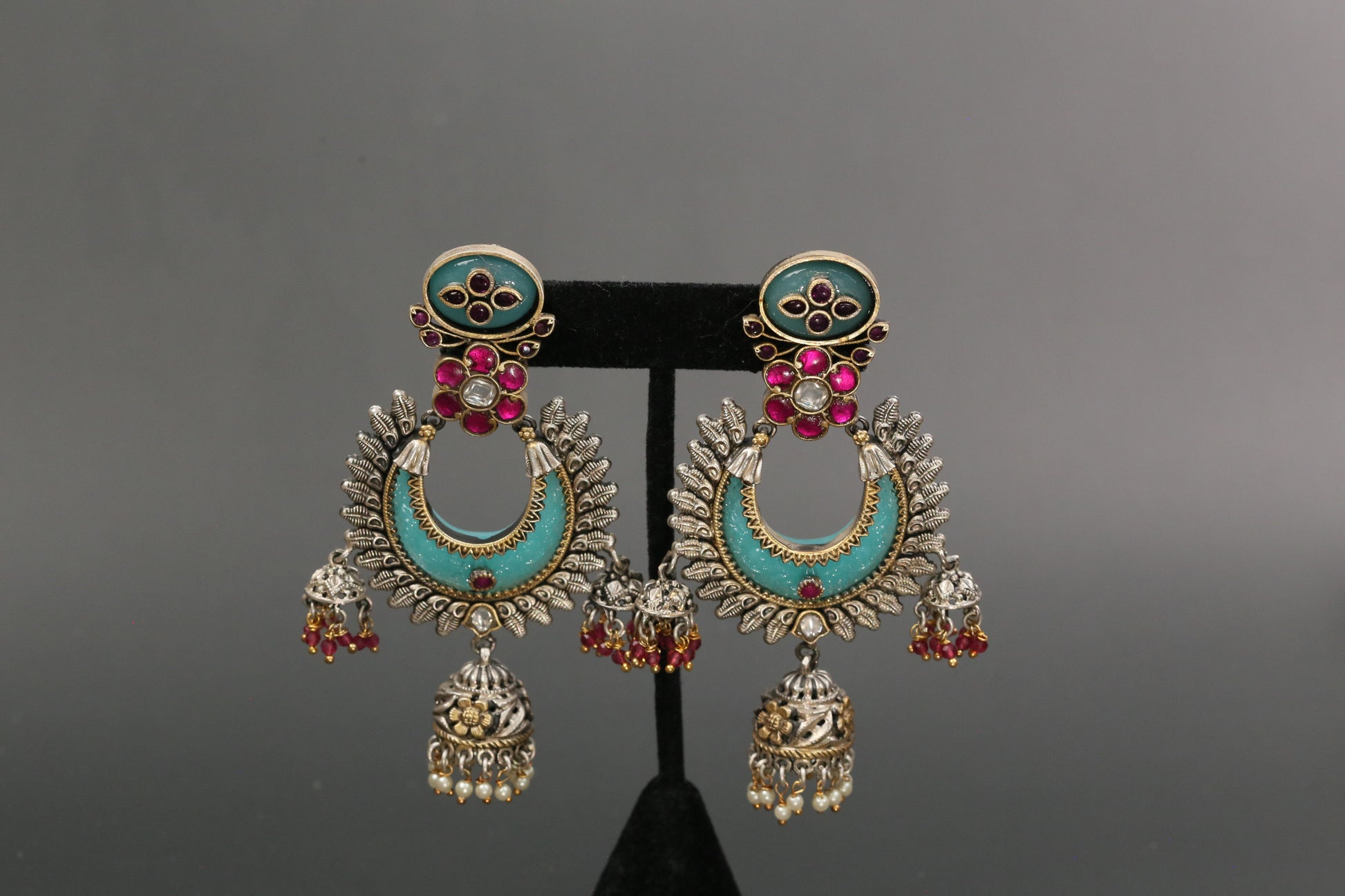 Oxidized Lakshmi Carved Stone Kundan Jhumka - Mint