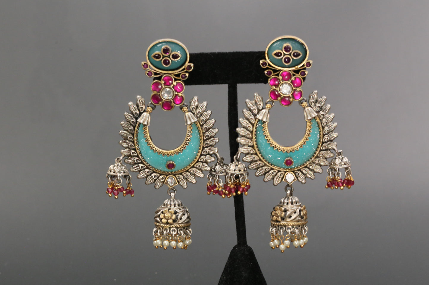Oxidized Lakshmi Carved Stone Kundan Jhumka - Mint