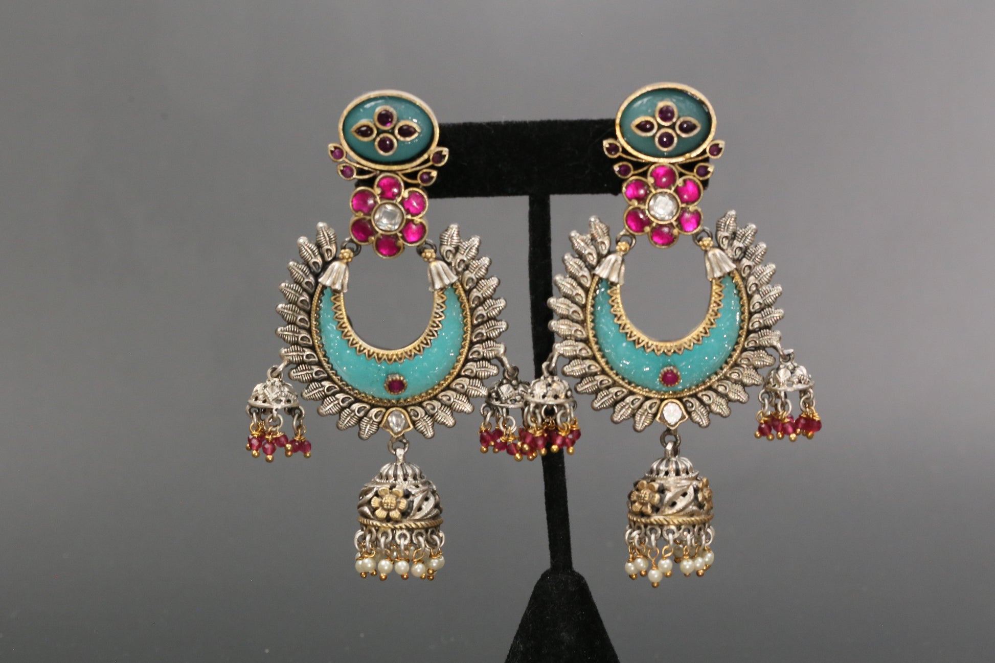 Oxidized Lakshmi Carved Stone Kundan Jhumka - Mint